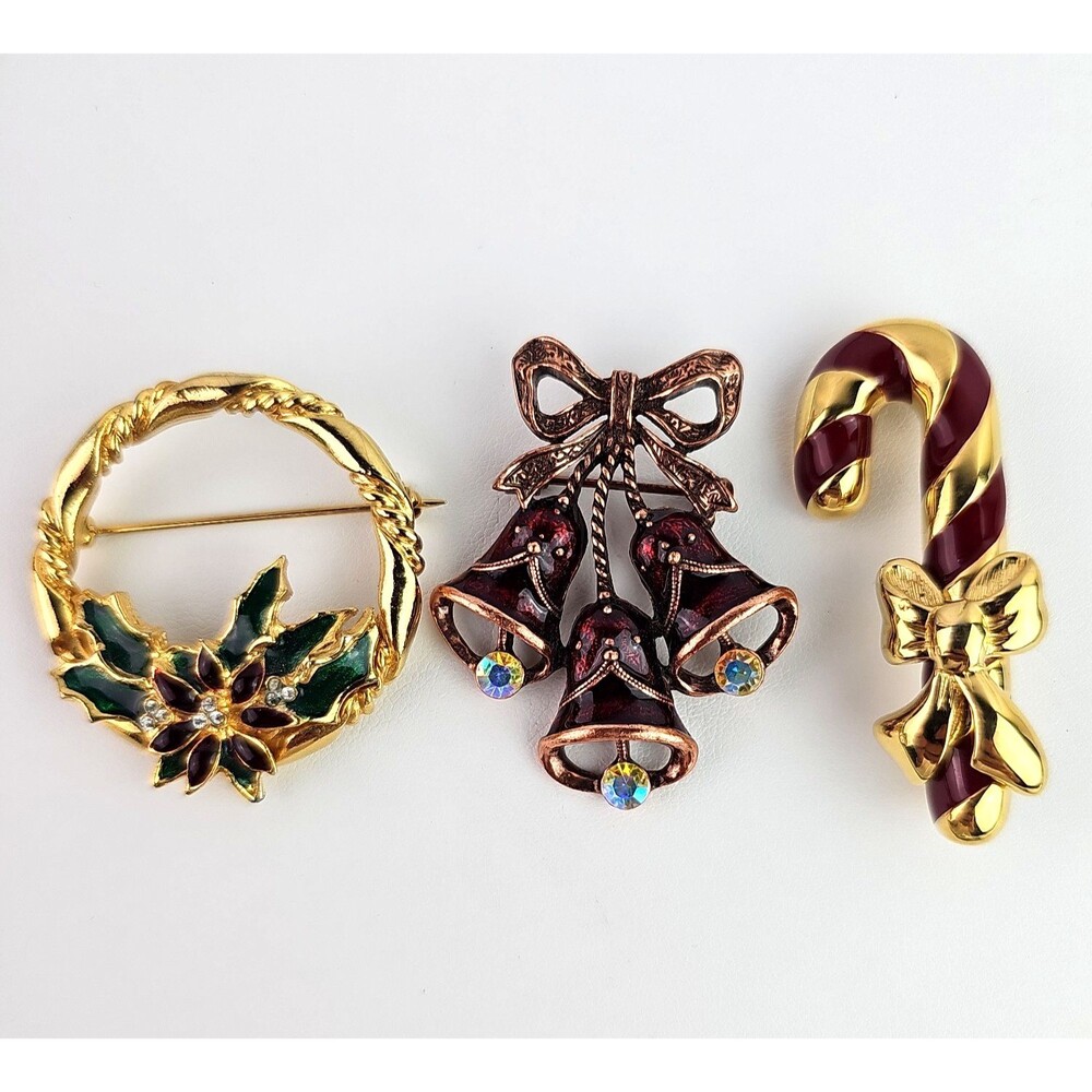 Vintage Christmas Brooches Gold Tone Copper Tone Enamel Napier Candy Cane Set 3